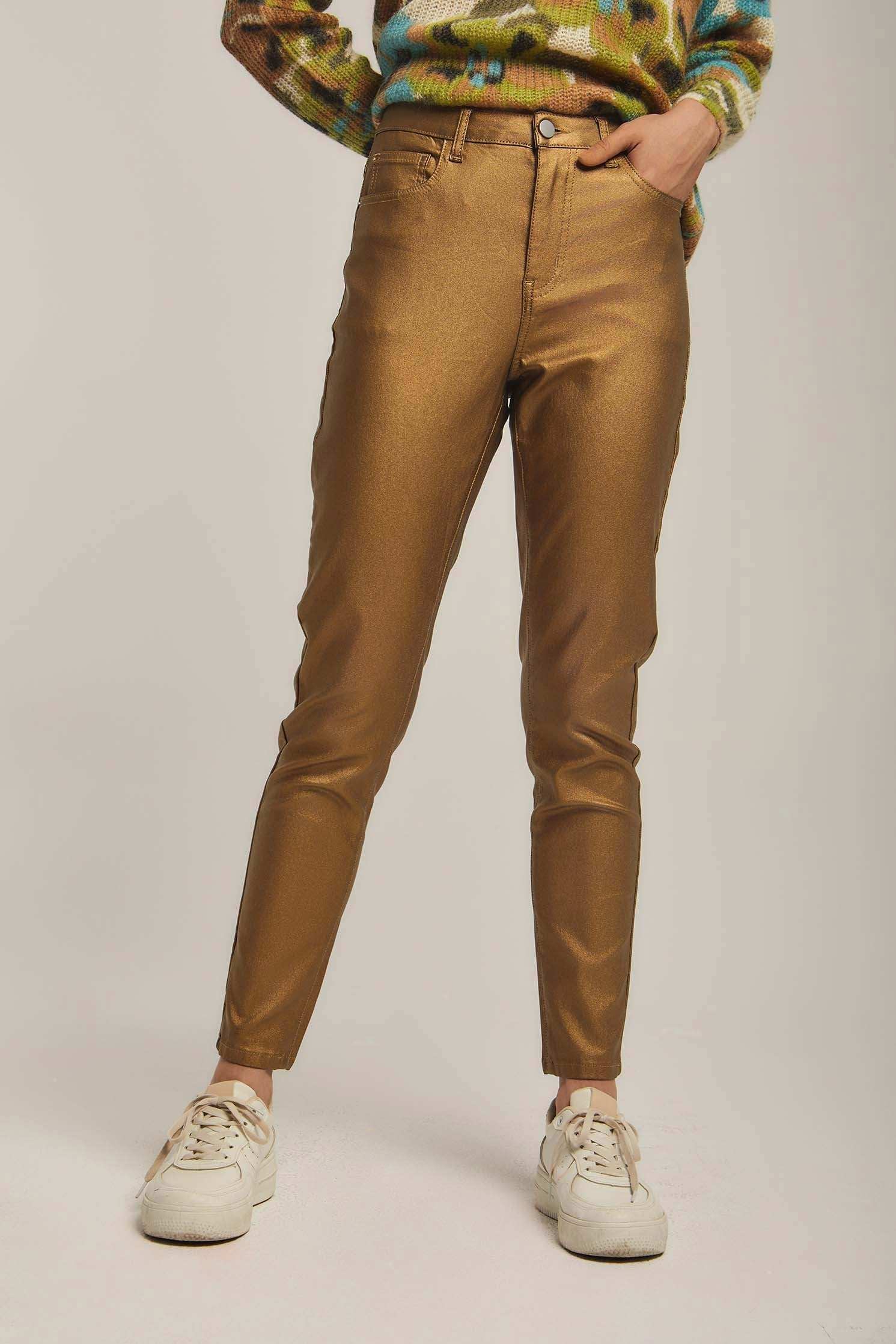 Women Pants Coated Skinny Gold