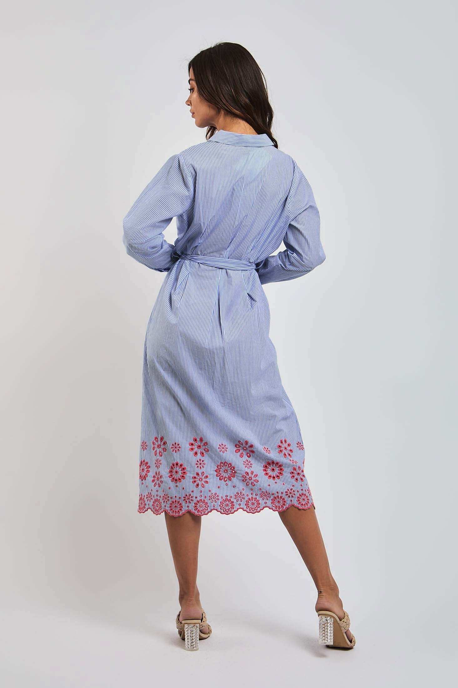 Dalydress women's blue striped belted dress with red floral embroidery, back view