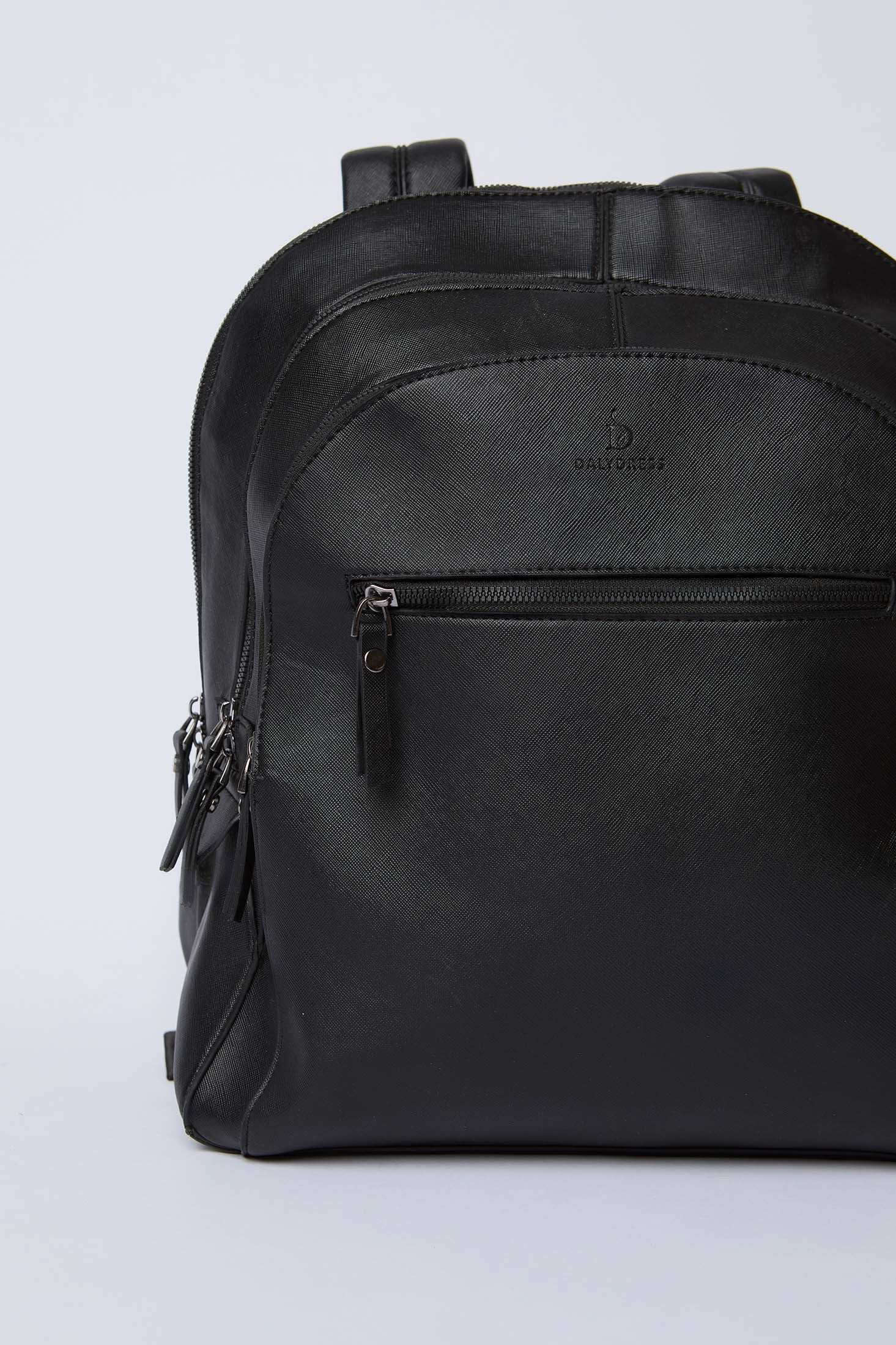 Dalydress black leather backpack with front zipper pocket on plain background