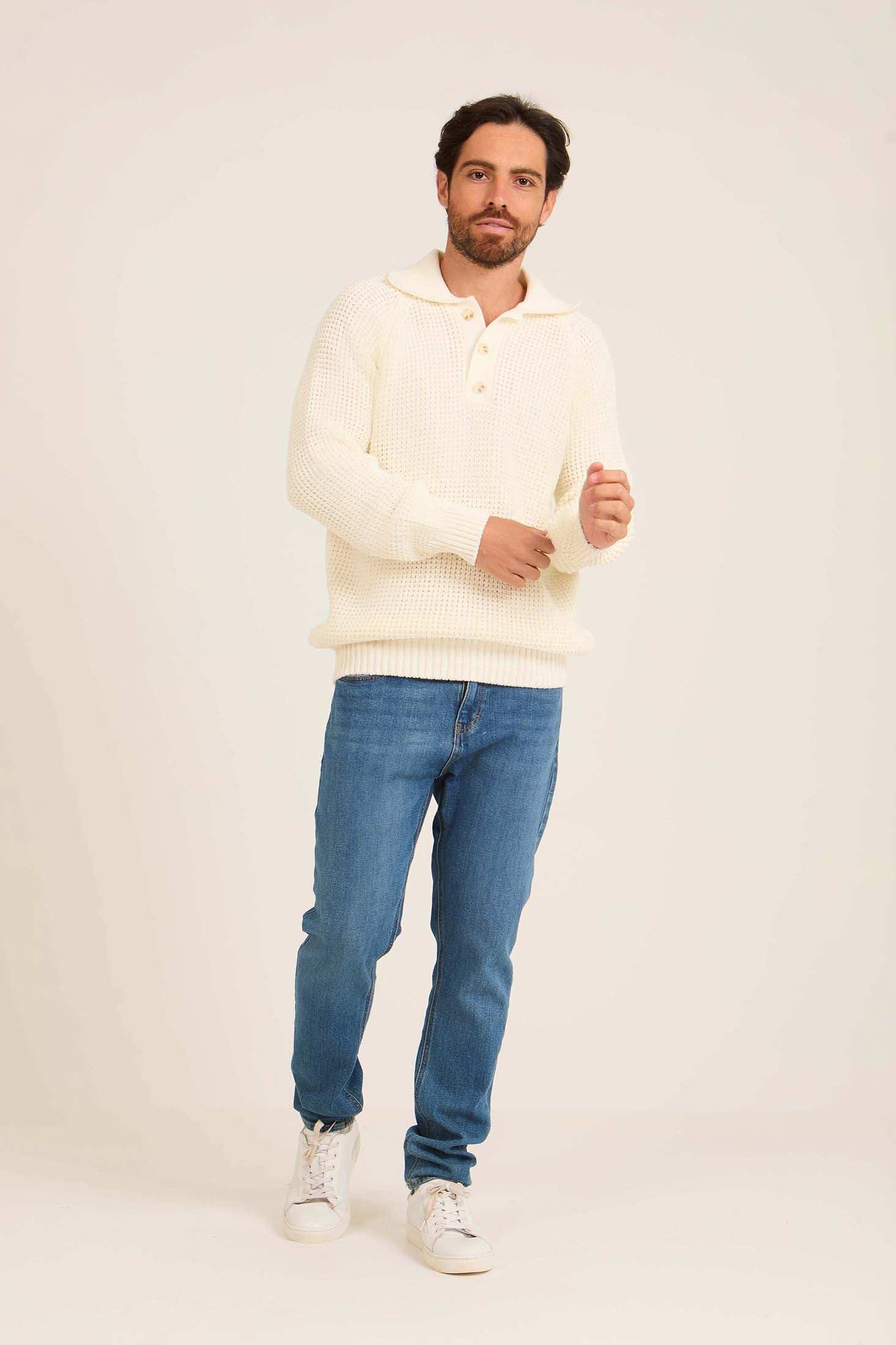 Men Mock Neck Pullover with Buttons Off White