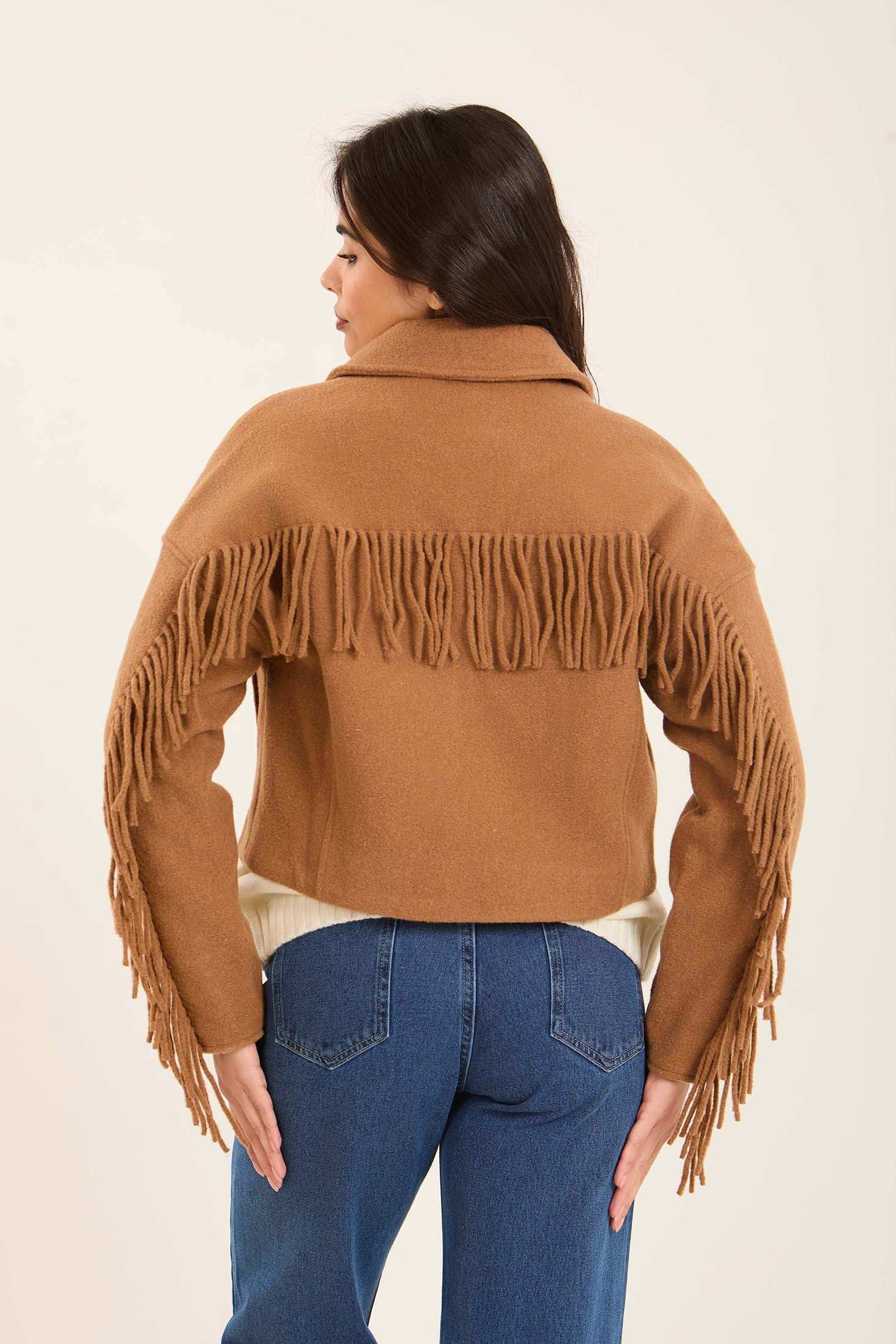 Women Short Jacket with Fringes Brown