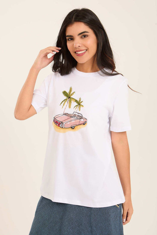 Elbow Sleeves Summer Tee with Front Print