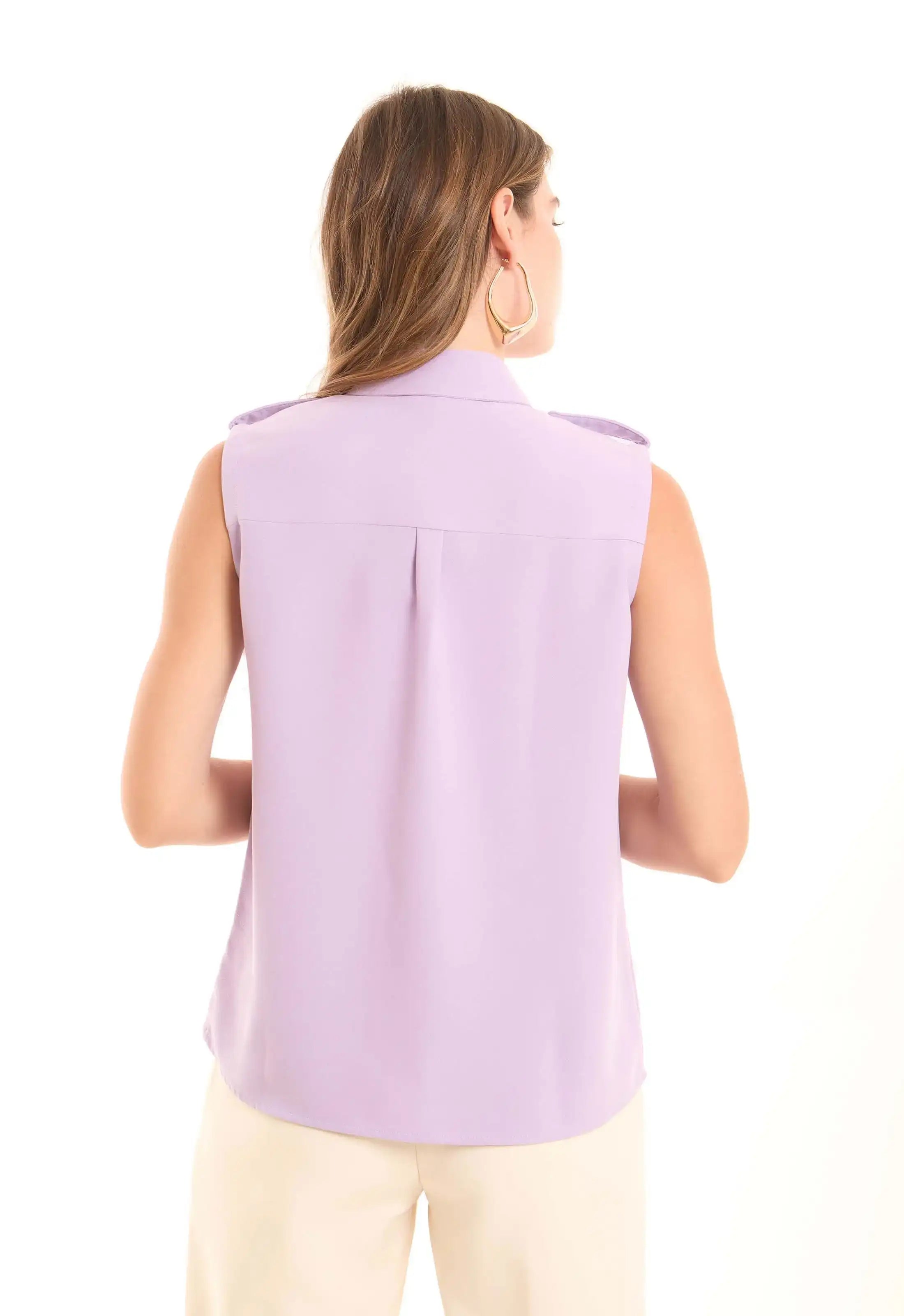 Sleeveless Button-Down Shirt with Gold Details