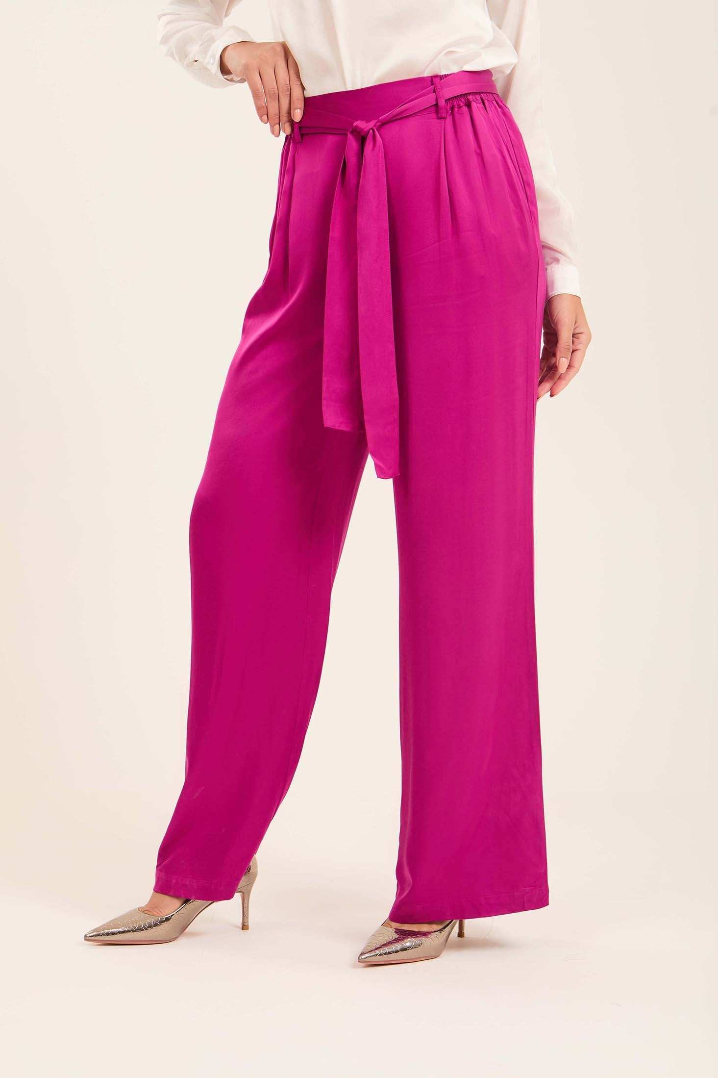 Satin Wide-Leg Pants with Waist Tie