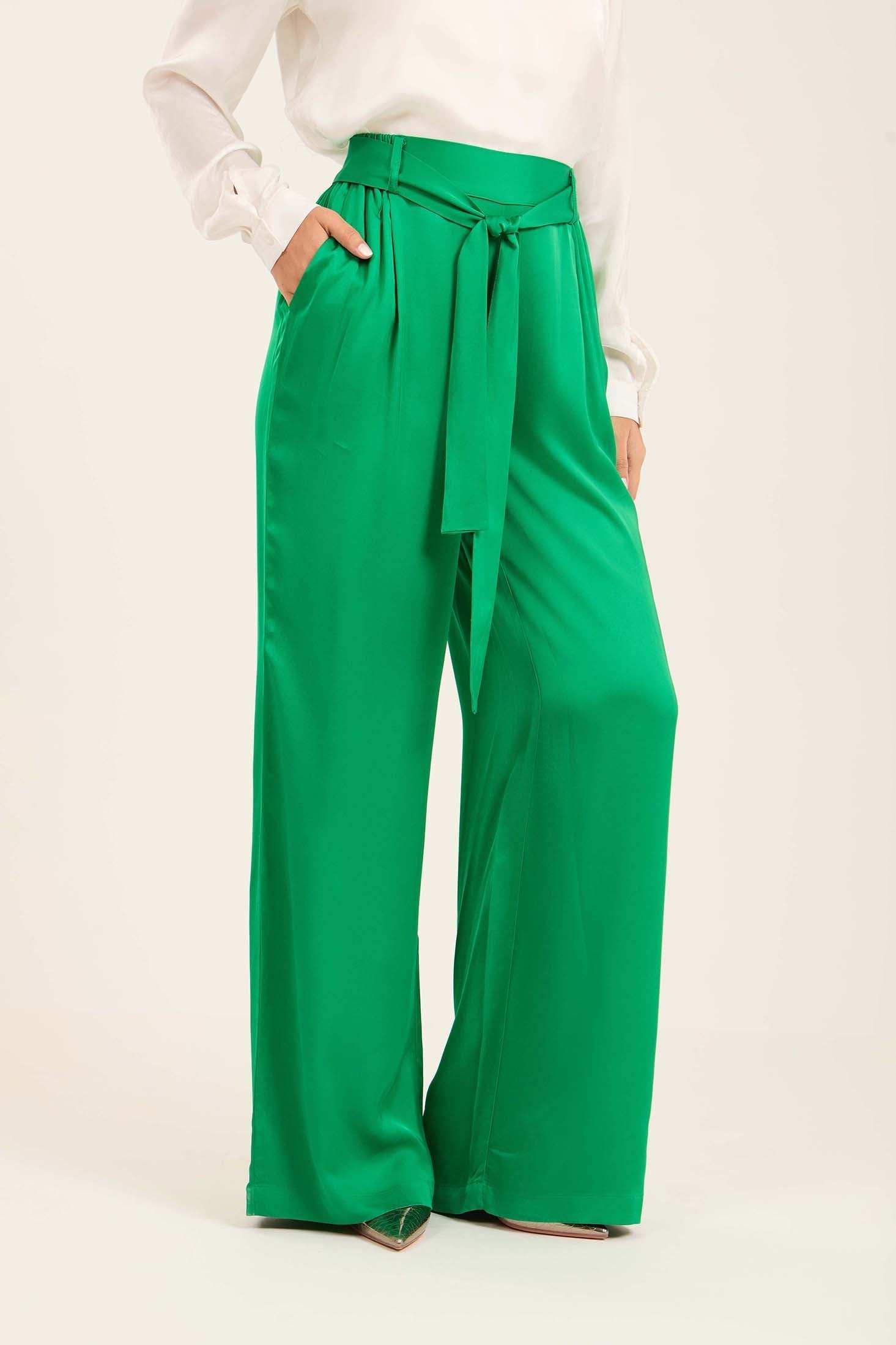 Satin Wide-Leg Pants with Waist Tie