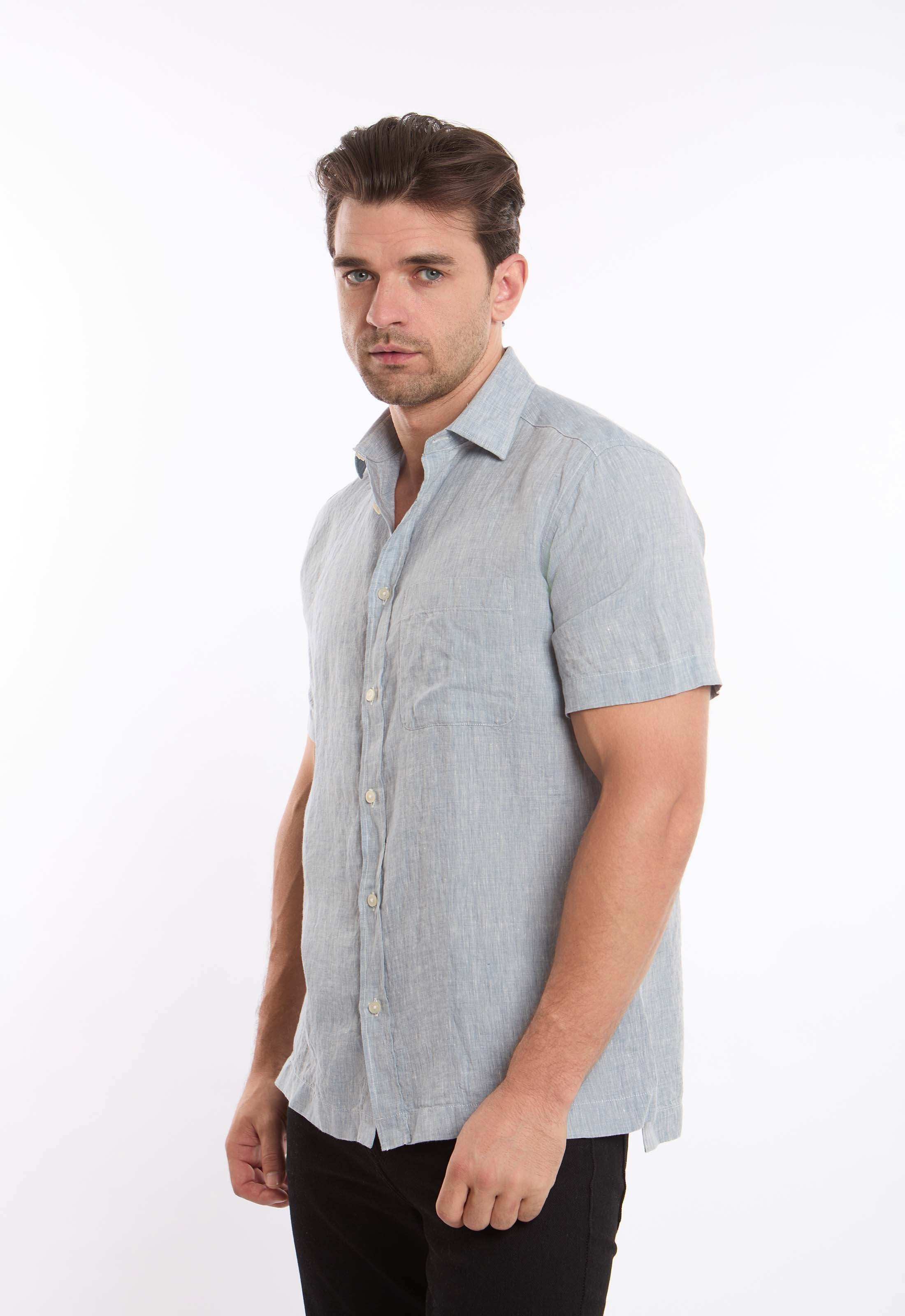 Textured Linen Short Sleeves Shirt with Pocket