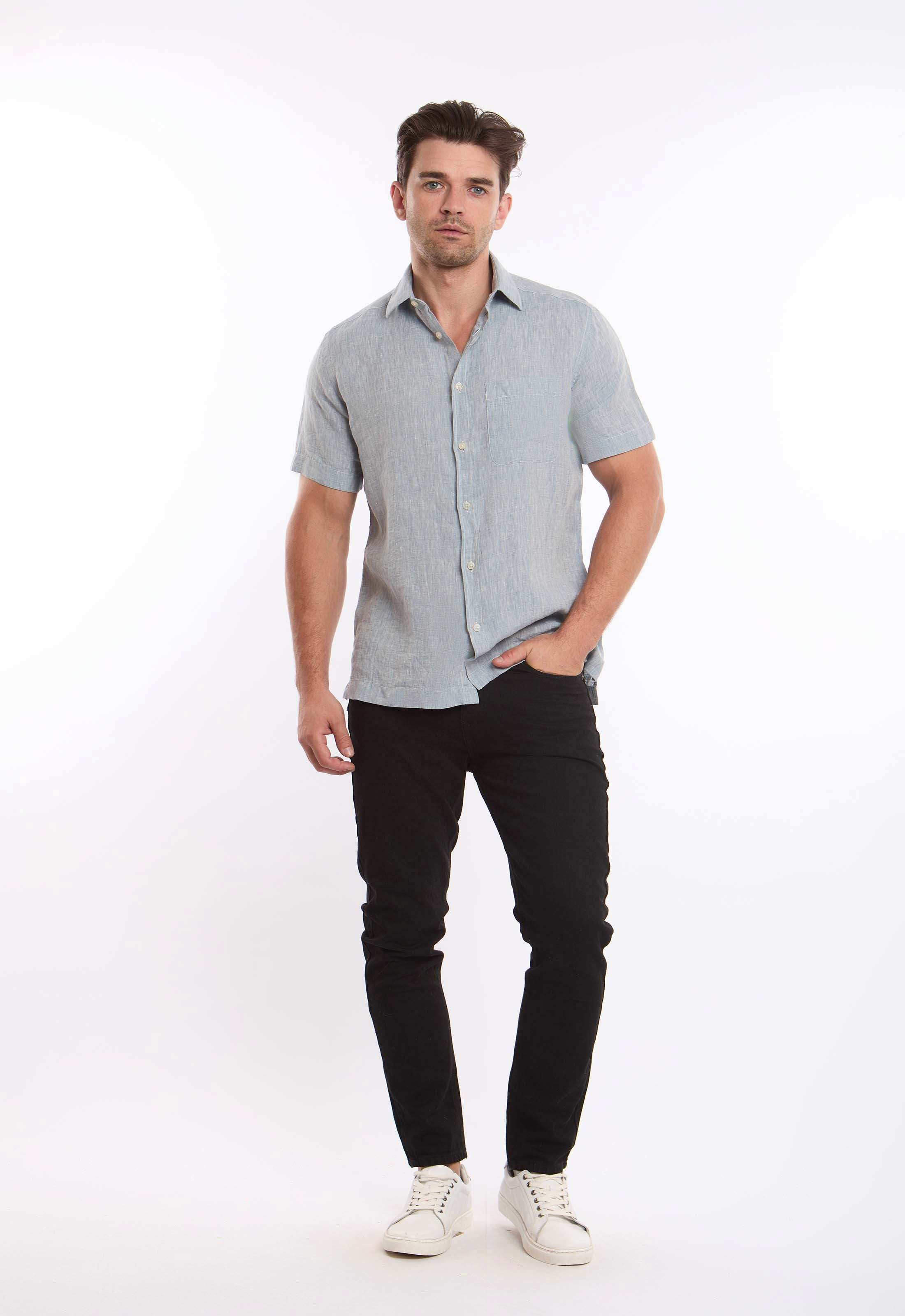 Textured Linen Short Sleeves Shirt with Pocket