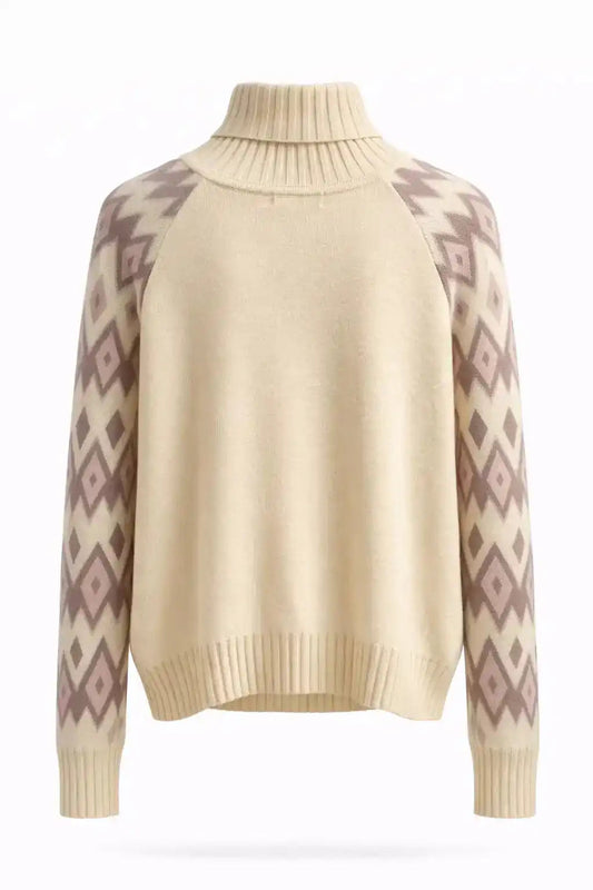 Cream Geometric Sleeve Turtleneck Knit