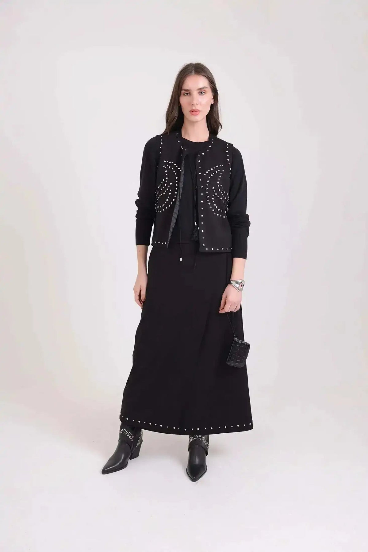 Comfy A-Line Skirt with Metal Studs Trim