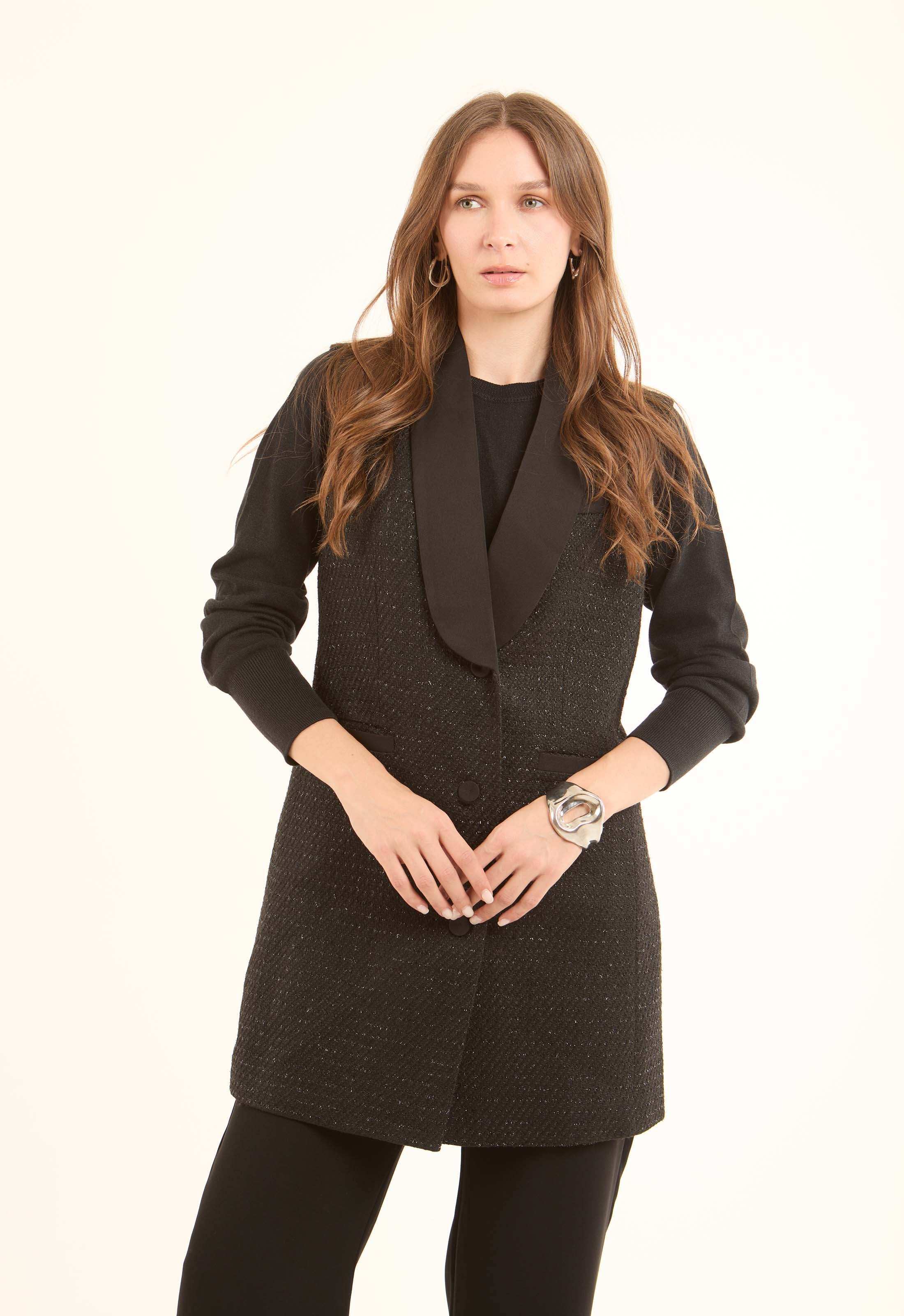 Classic Textured Long Vest with Single Button