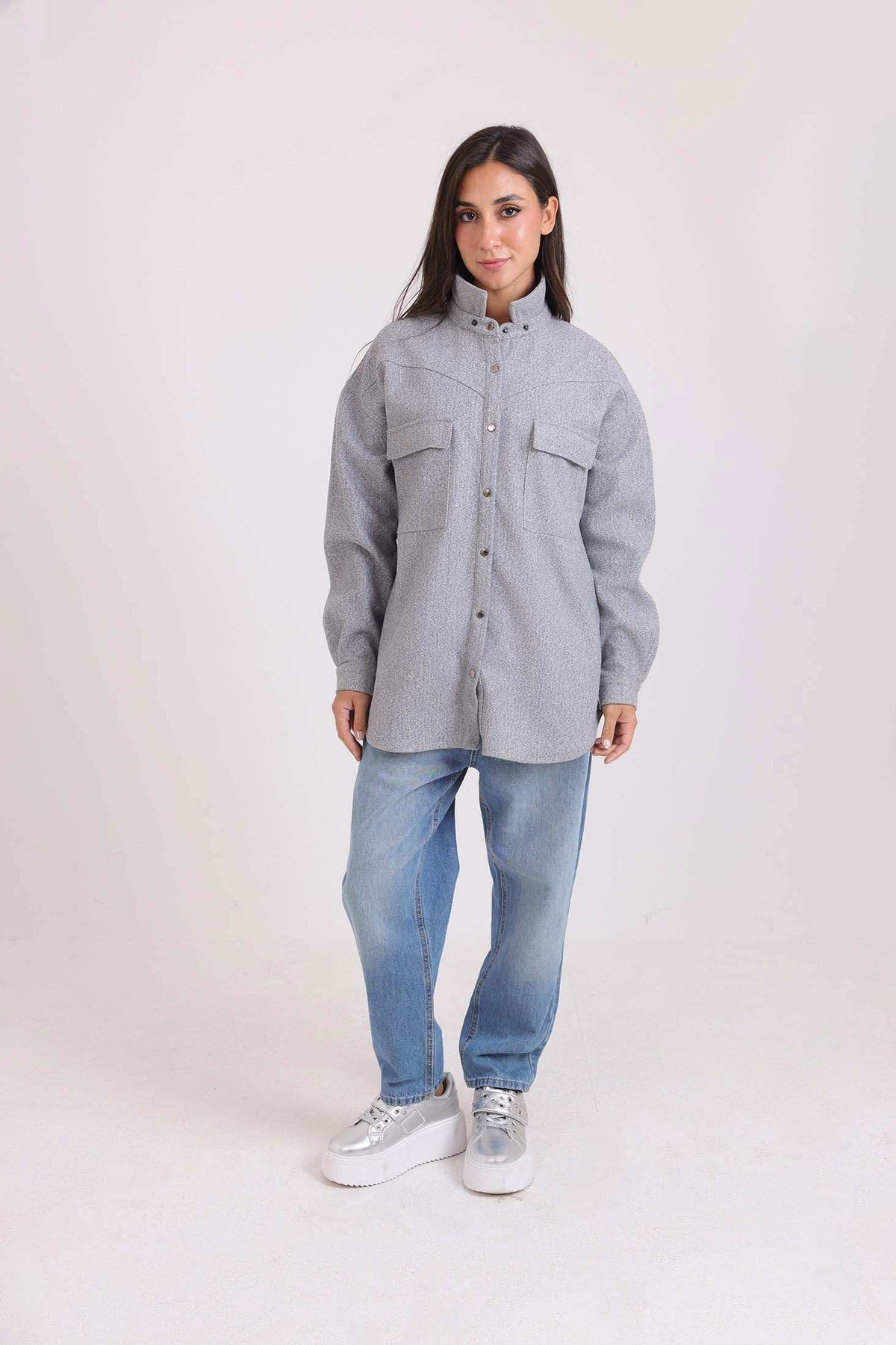 Stand Collar Relaxed Fit Buttoned Shirt