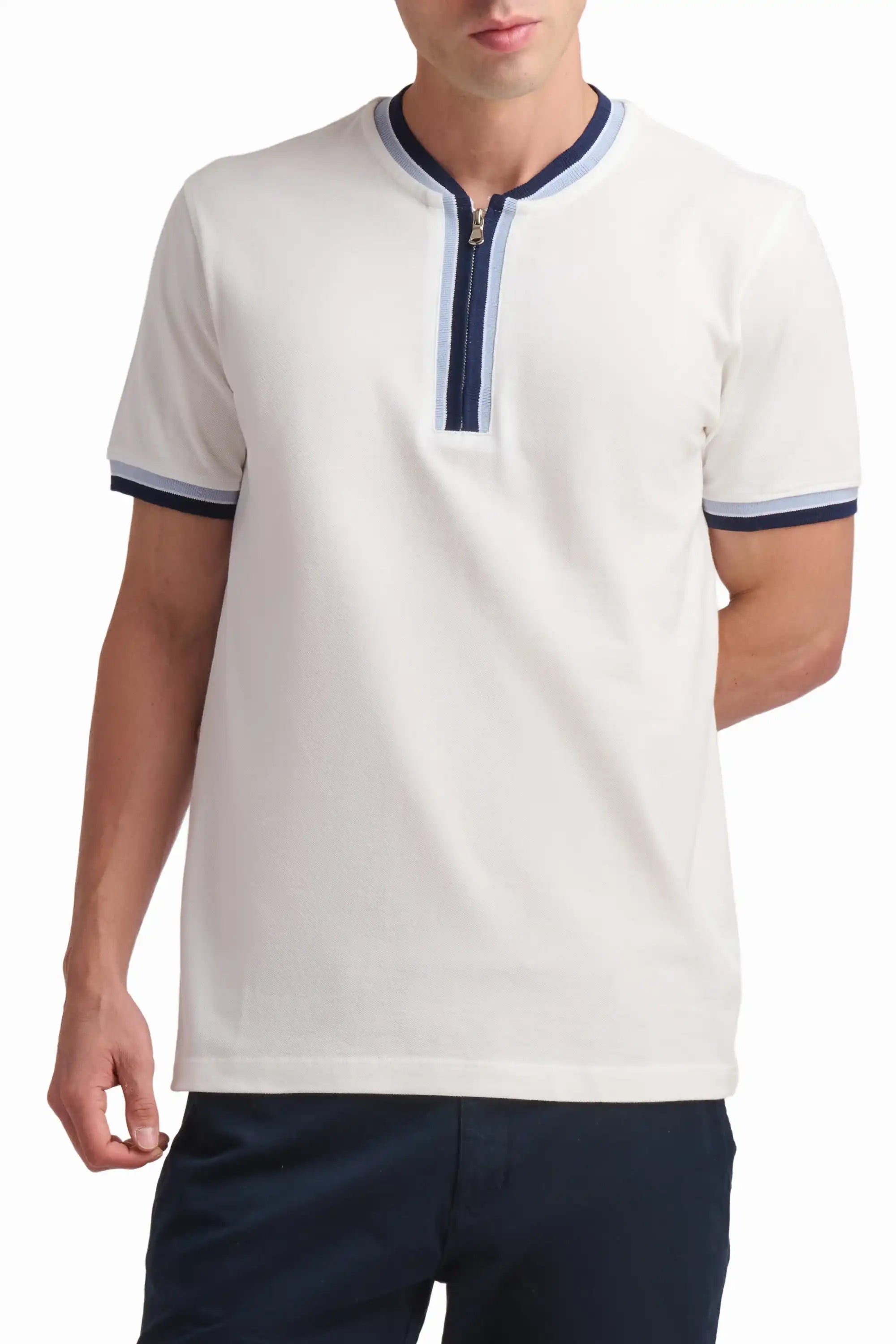 White Contrast Trim Cotton T-Shirt