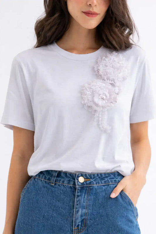 Chic Floral Appliqué Viscose T-Shirt